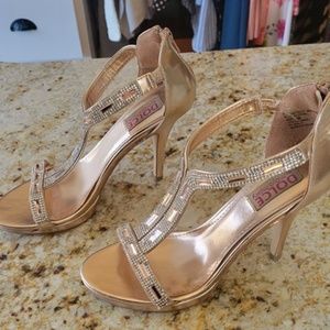 Dolce by Mogo Moxy Rose Gold Jeweled Strap Heels with Zipper Back